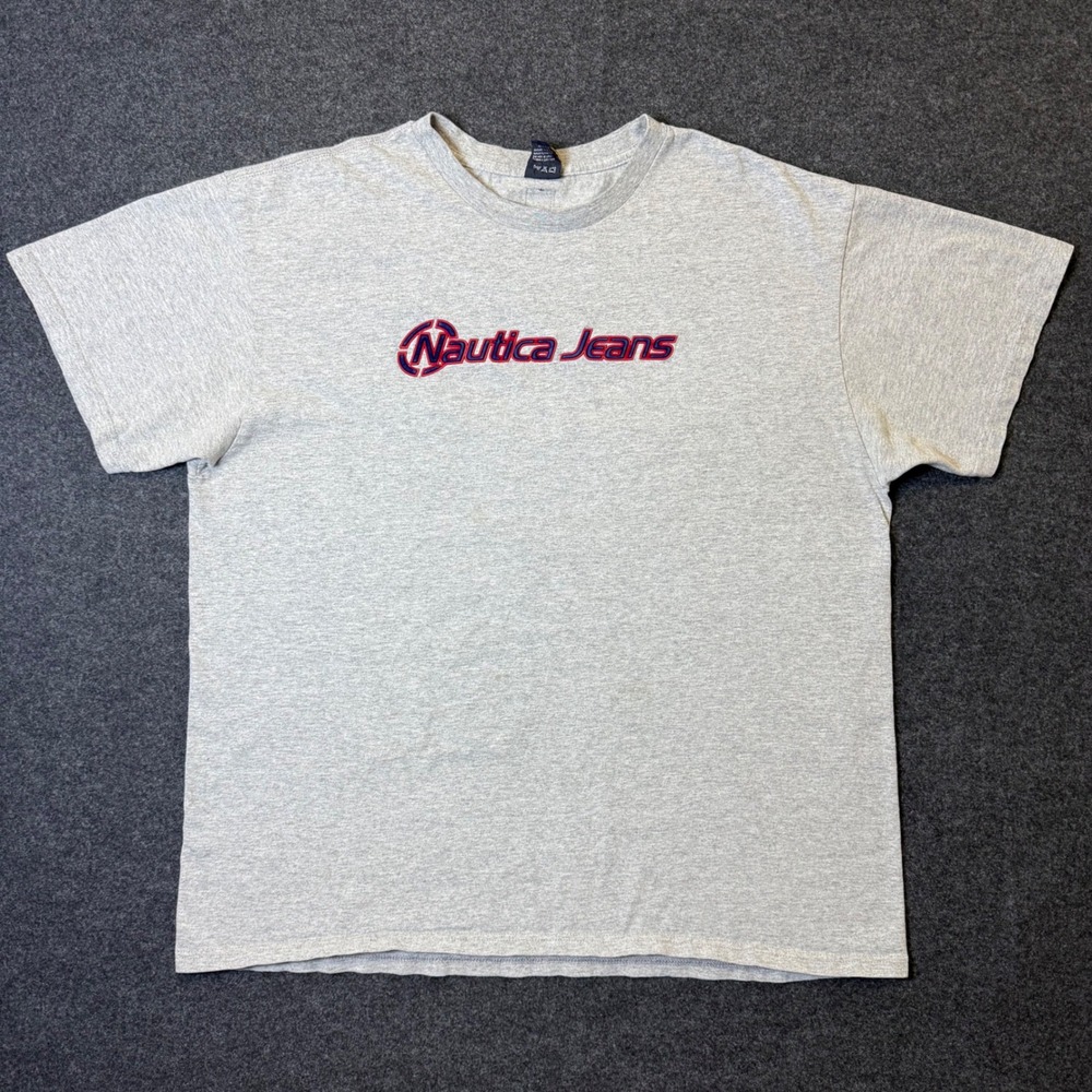 Vintage 90s Nautica Jeans T Shirt Mens XL Gray Y2K Logo Short Sleeve Tee